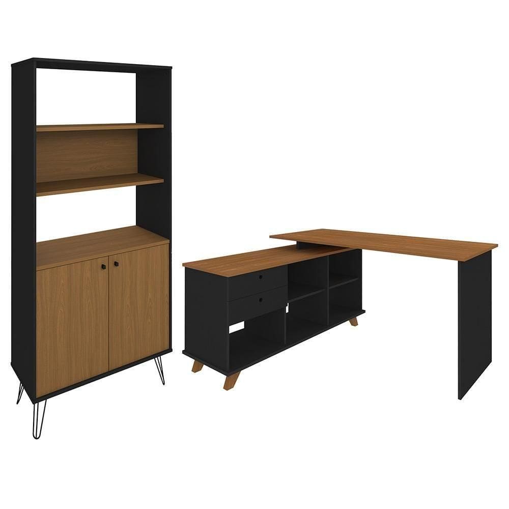 Mesa Escrivaninha Em L Golden E Estante Livreiro 2 Portas Lit A06 Freijó/preto - Mpozenato