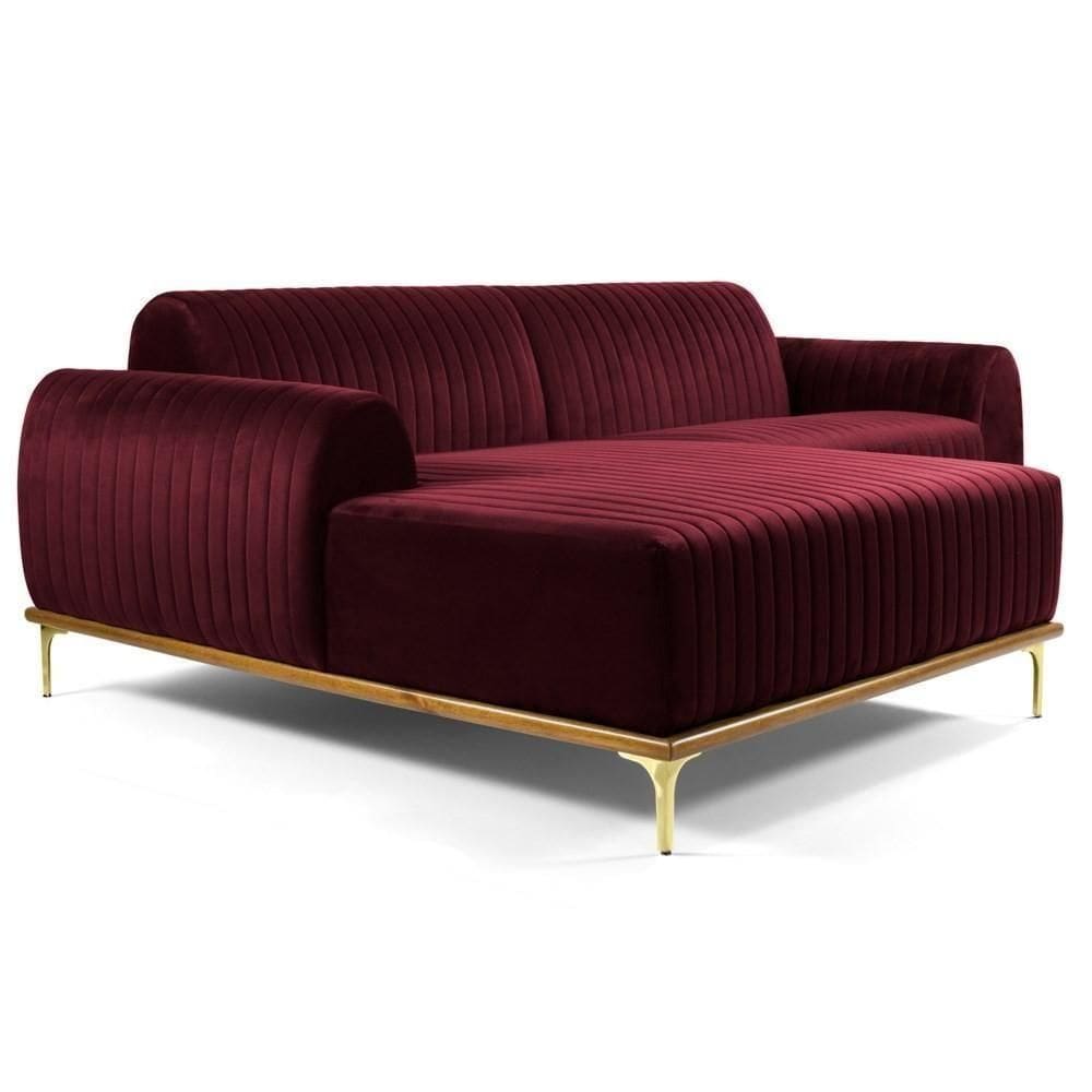 Sofá 350cm 6 Lugares Com Chaise Esquerdo Pés Gold Molino C-278 Veludo Marsala - Domi