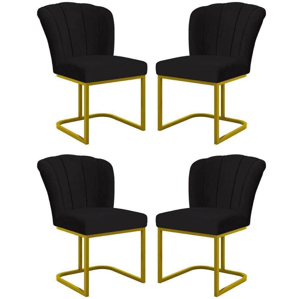 Kit 4 Cadeiras Jantar Flor Mesa Cozinha Reforçada Base Metal Dourada Preto