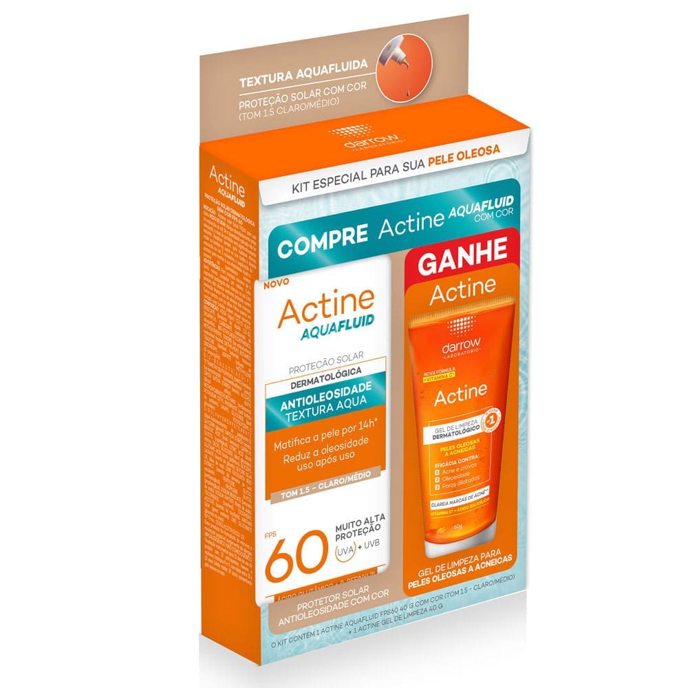 Protetor Solar Actine Darrow Aquafluid FPS60 Tom 1.5 Claro Medio 40g Ganhe Gel de Limpeza 60g