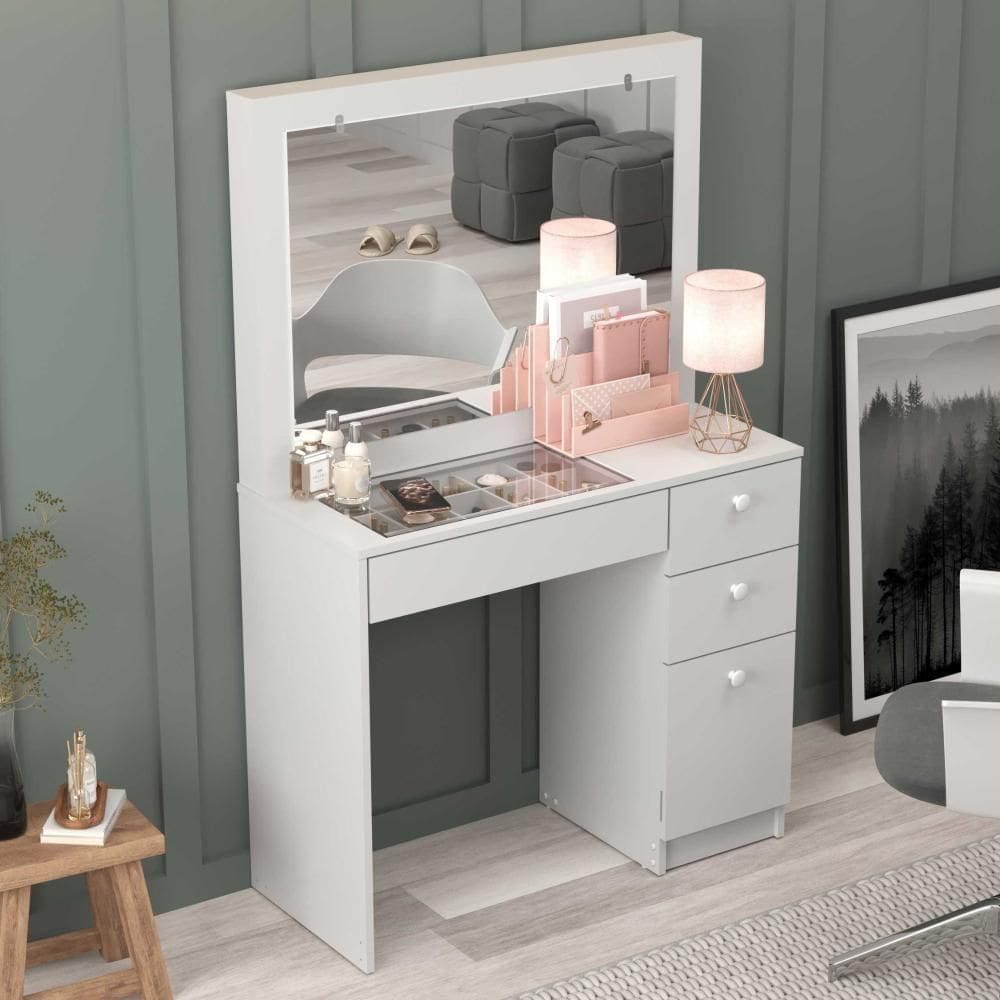 Penteadeira Ditália 4 Gavetas Com Tampo De Vidro PE-120 Branco