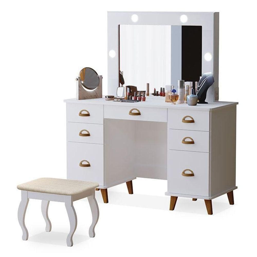 Penteadeira Camarim New Seul Com Banqueta Almofadada Branco - Luapa
