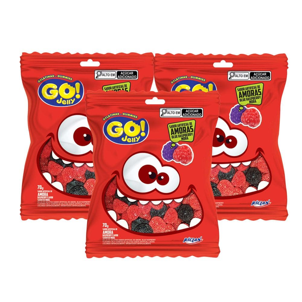Kit 3 Balas de Gelatina Go Jelly Amoras Sabor Amora 70g