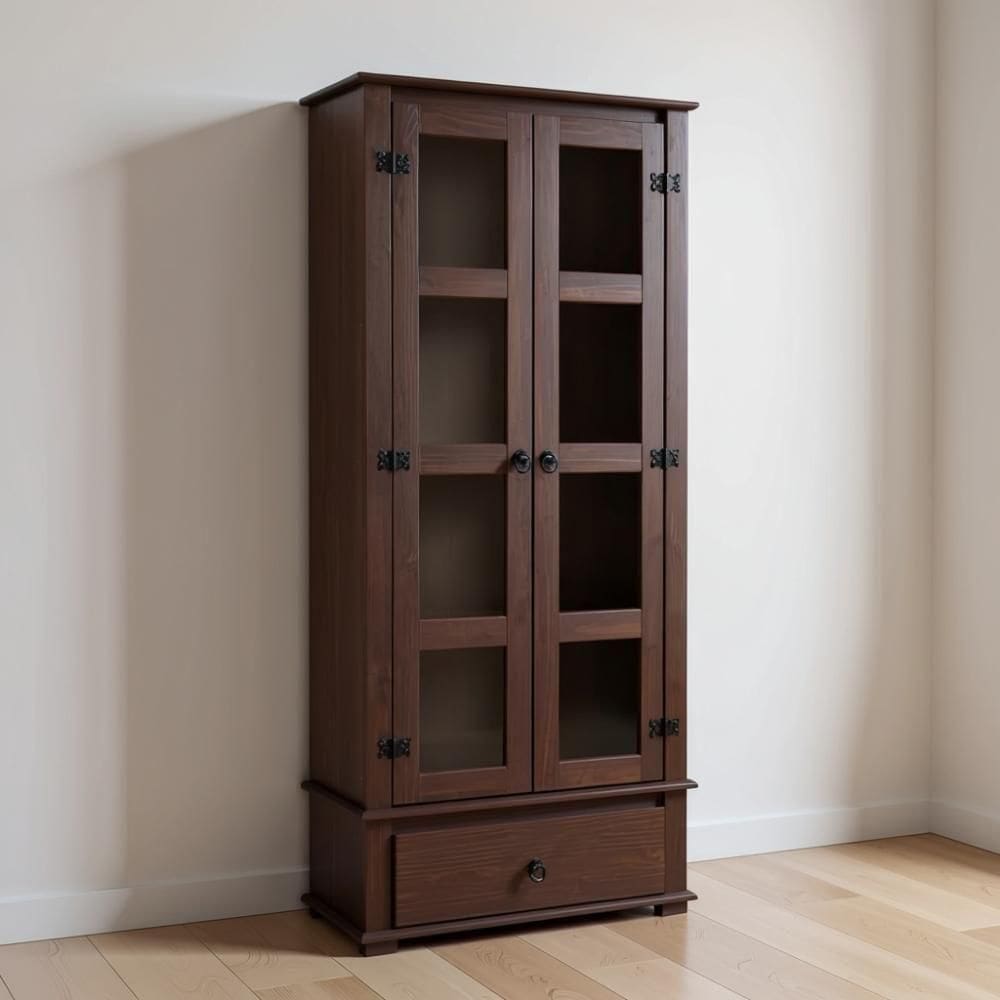 Cristaleira Madeira Maciça 2 Portas De Vidro 1 Gaveta Rústica - Imbuia