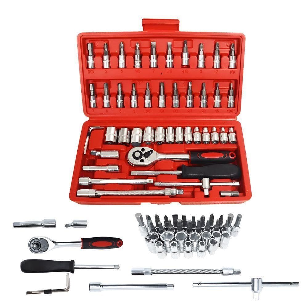 Kit Profissional De Ferramentas 46 Peças Jogo De Soquete Sextavado Aço Chave Catraca Maleta