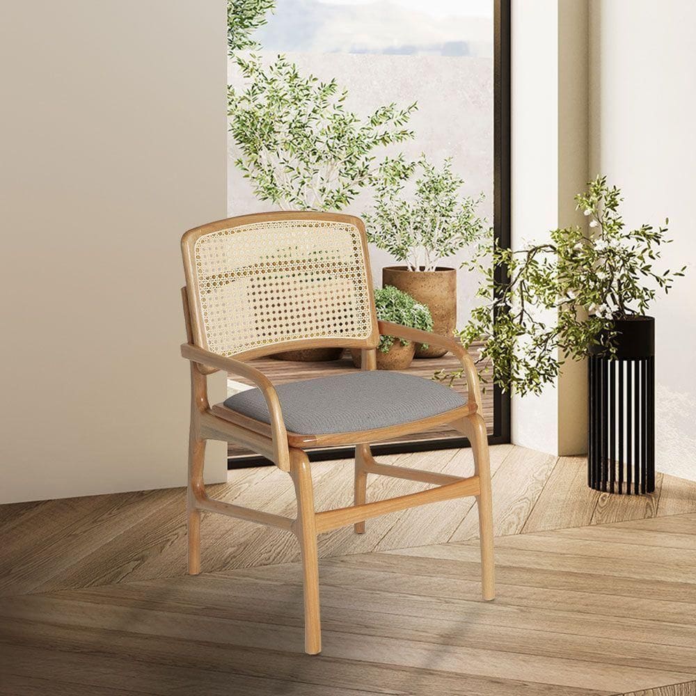 Cadeira Para Jantar Florença Madeira Jequitibá Natural - Linho Cinza Encosto De Palha E Com Braço