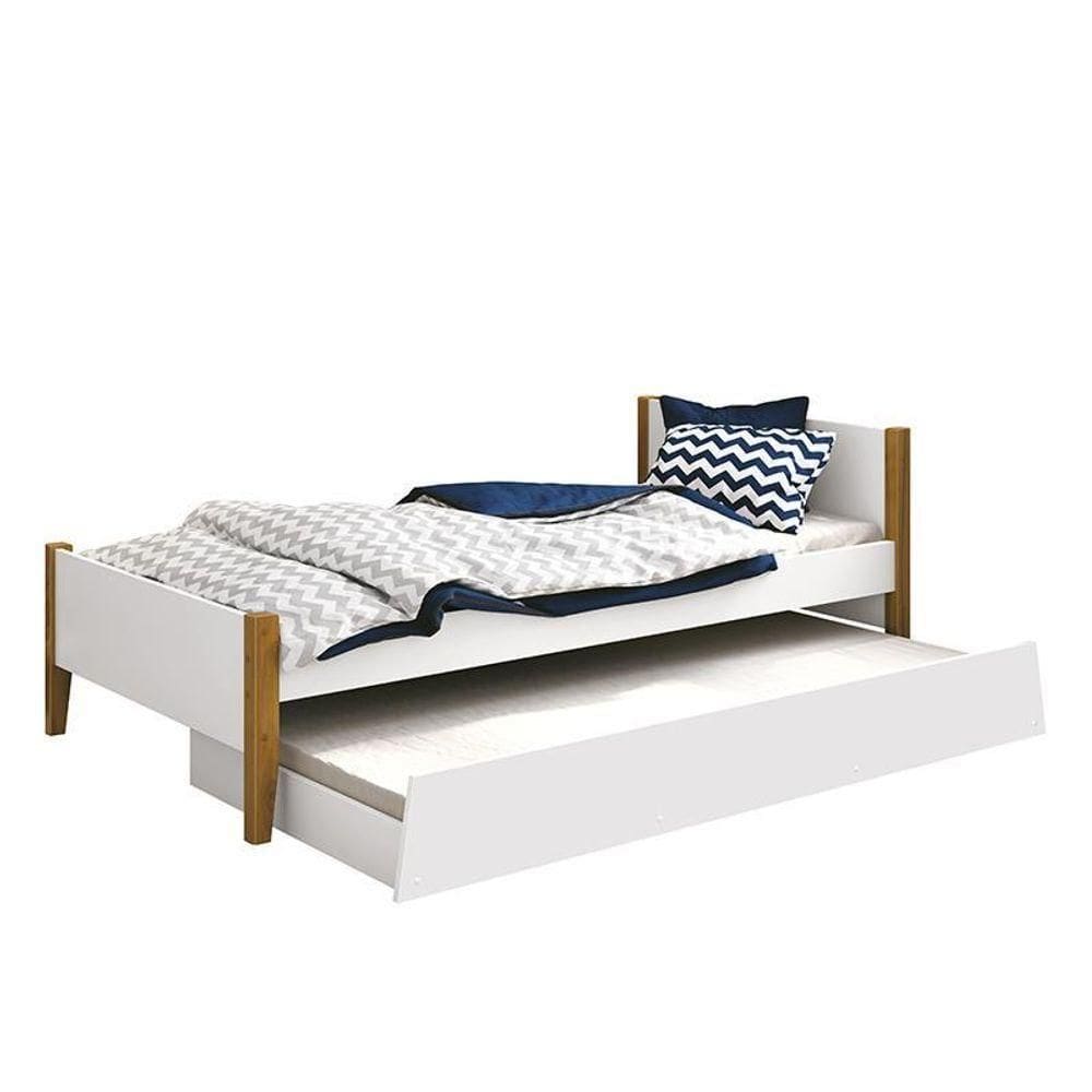 Bicama Solteiro Simba Branco Fosco Com Pés Amadeirado - Reller Móveis Branco Fosco