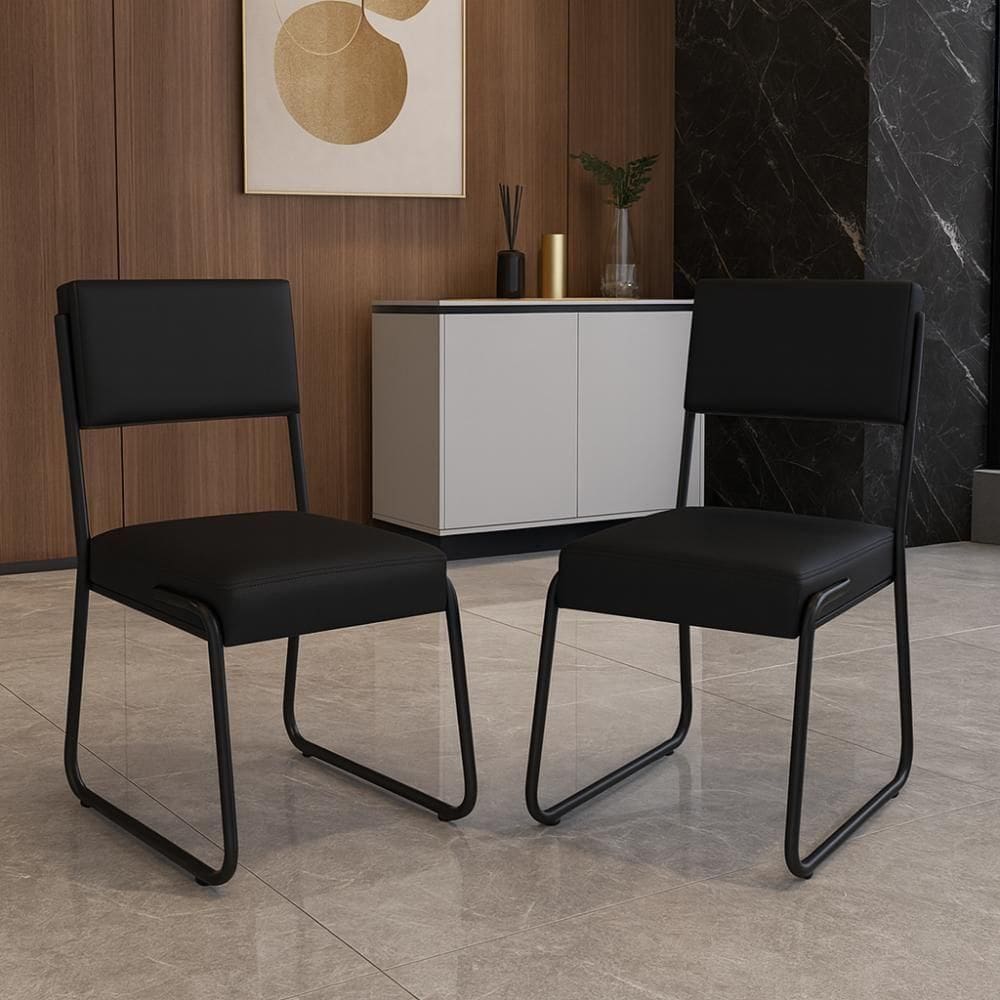 Kit 2 Cadeiras Decorativa Sala De Estar Cozinha Jantar Flórida Couro Sintético Preto Tubo Preto