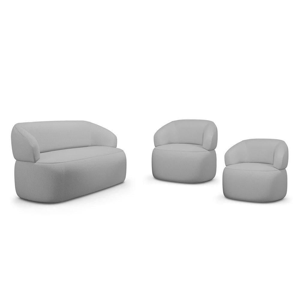 Kit 02 Poltronas Giratória E 01 Sofá Orgânico Glee 02 Lugares 140cm Linho Cinza - Abmaza