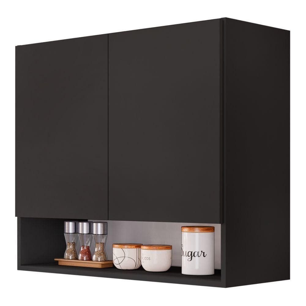 Armário Aéreo Multiuso Meg 80cm mdf 02 Portas Com Nicho Integrado Preto - Abmaza