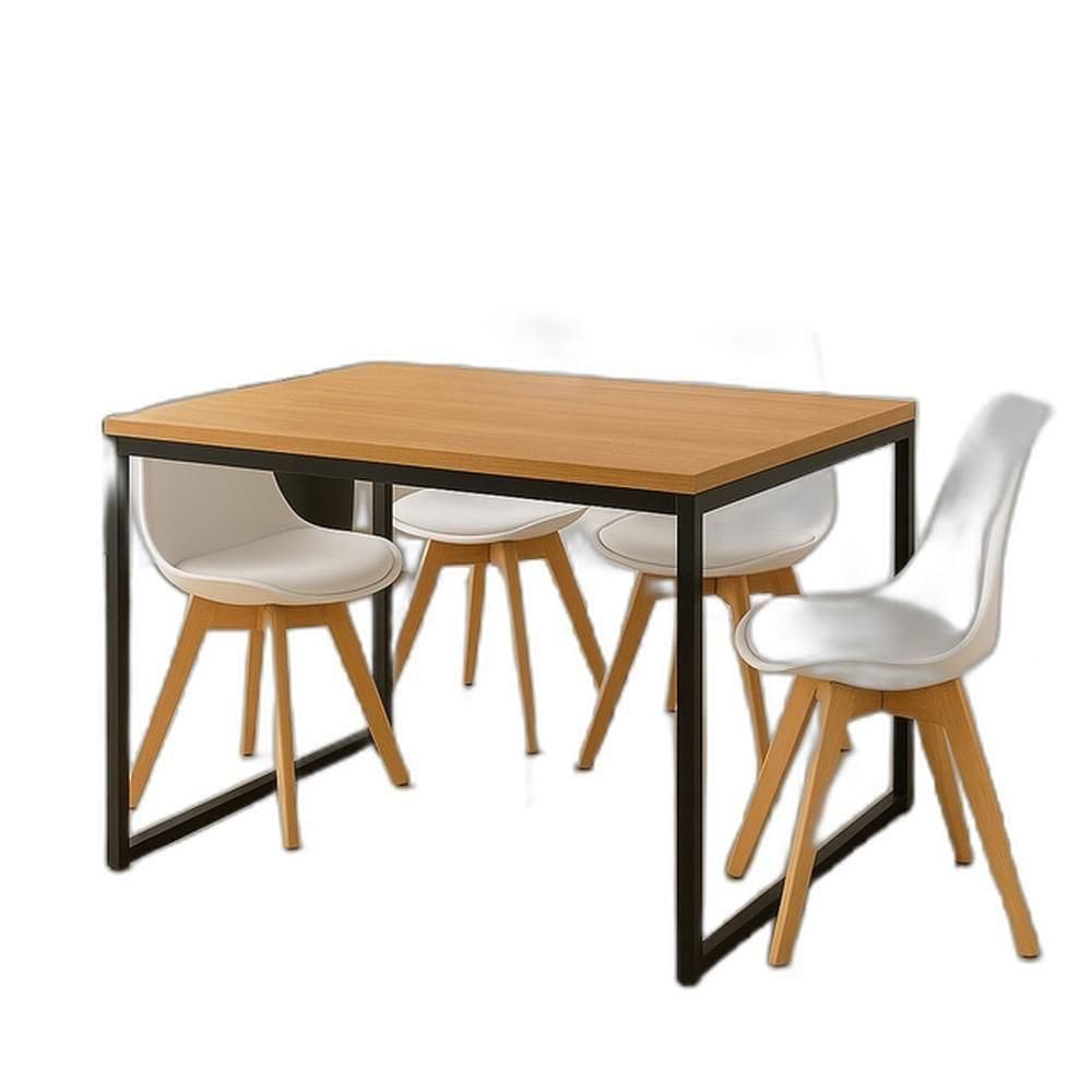 Conjunto Mesa De Jantar 4 Cadeiras – Mesa Retangular Madeira Com Pés De Ferro E Cadeiras Brancas Estofadas Leda