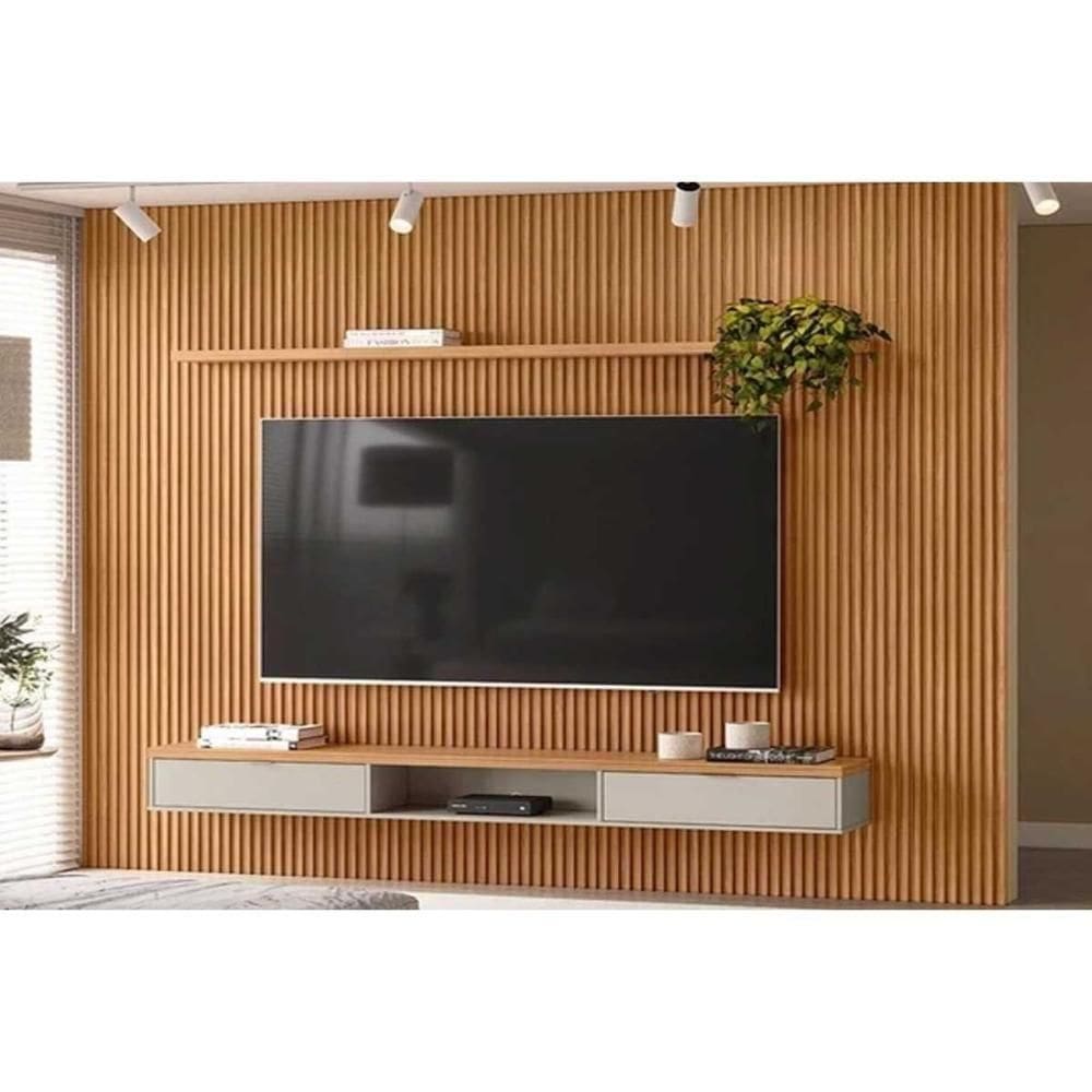 Estante P- Sala Até 100 Pol Modular Ripado C- 2 Portas 1 Prat. 297x250cm Nature-off White - Linea