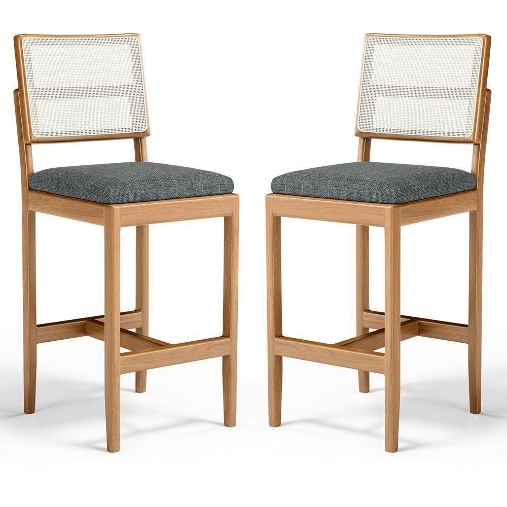 Kit Com 2 Banqueta Milena Madeira Maciça Assento Estofado Encosto De Tela Sintética Linho Chumbo 406