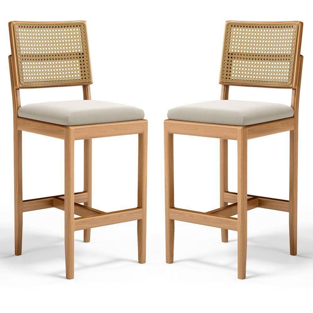 Kit Com 2 Banqueta Milena Madeira Maciça Assento Estofado Encosto De Tela Palha Sextavada Veludo Bege 102