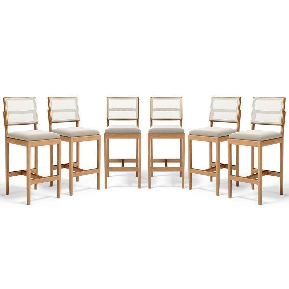 Kit Com 6 Banquetas Milena Madeira Maciça Assento Estofado Encosto De Tela Sintética Veludo Bege 102