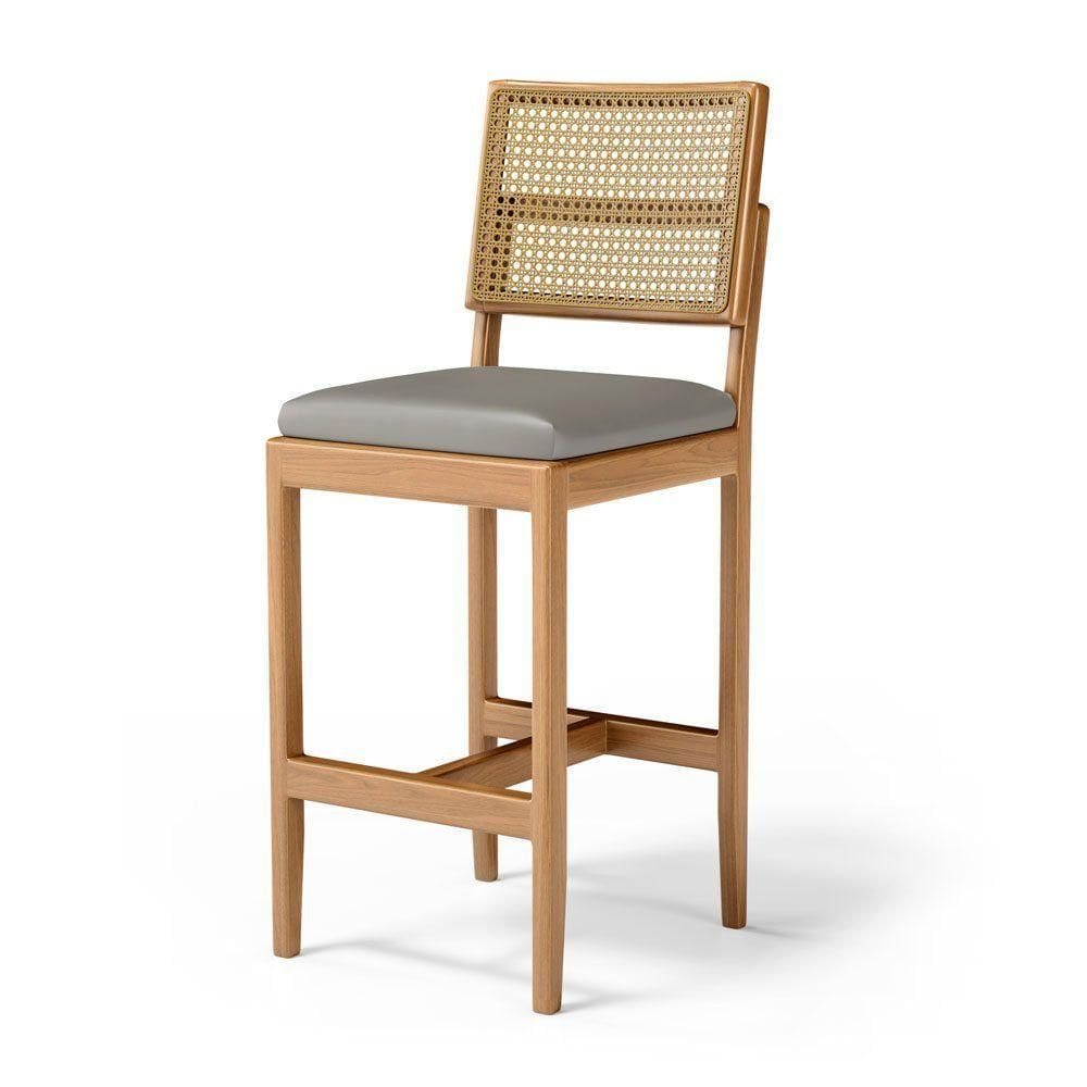 Banqueta Milena Madeira Maciça Assento Estofado Encosto De Tela Palha Sextavada Veludo Chumbo 109