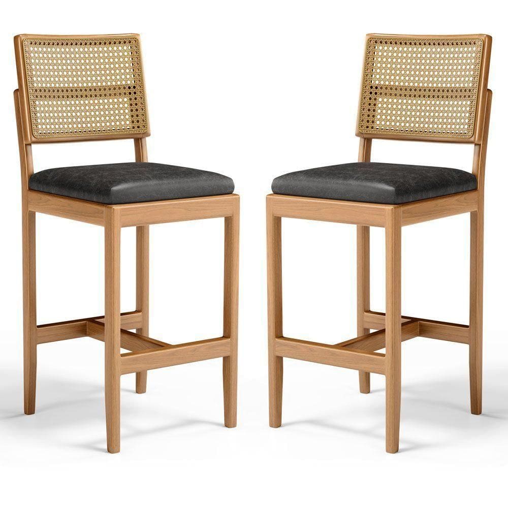 Kit Com 2 Banqueta Milena Madeira Maciça Assento Estofado Encosto De Tela Palha Sextavada Courino Preto 503