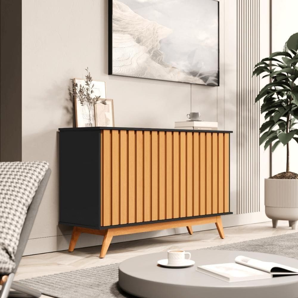 Balcao Buffet 3 Portas Ripado 1,36 Juçara Preto Nature