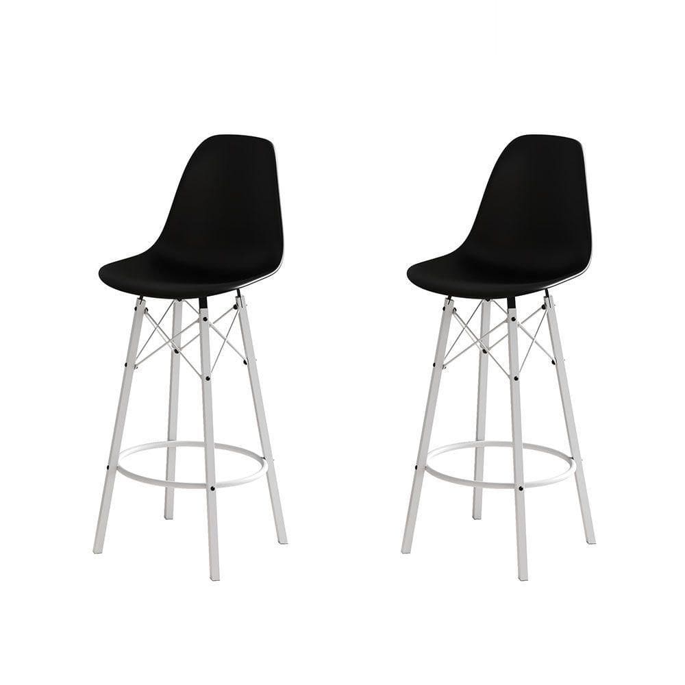 Conjunto 2 Banquetas Eames Design Moderno Tubo De Ferro Branco Assento Preto