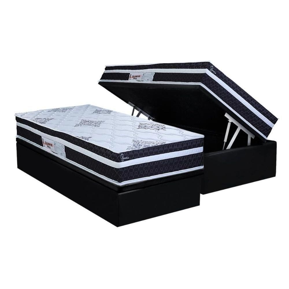 Cama Box Baú Solteiro: Colchão Molas Ensacadas Paropas Basic Black + Base Crc Suede Black (88x188)