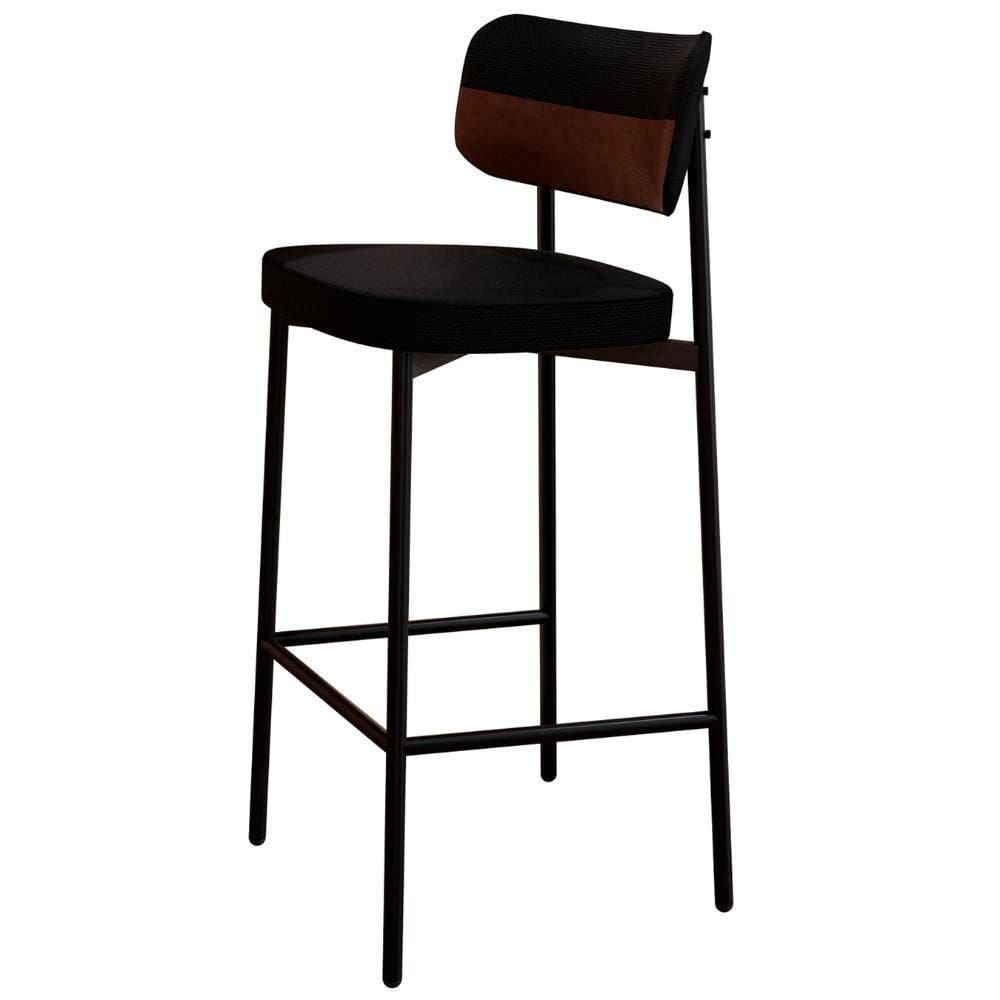 Banqueta Alta Bar Estofada Ella M25 Linho Preto/marrom - Mpozenato