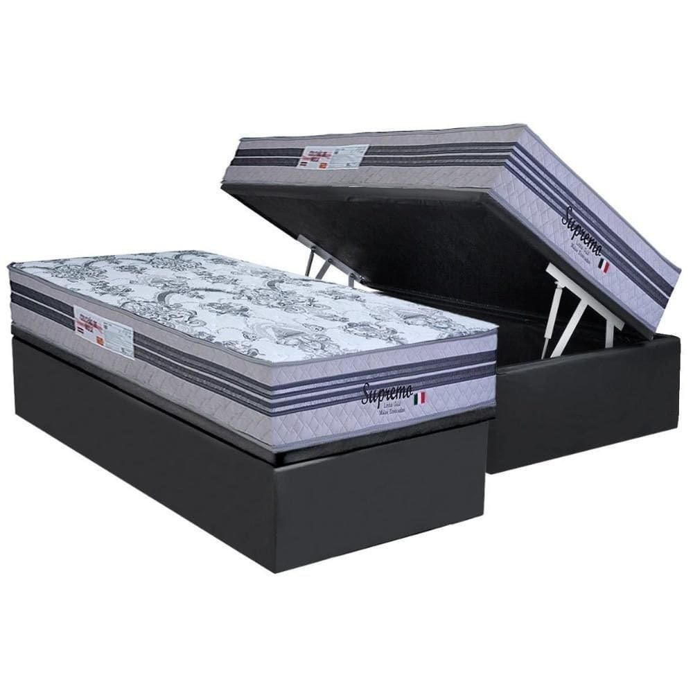 Cama Box Baú Solteiro: Colchão Molas Ensacadas Paropas Supremo Gray + Base Crc Suede Gray (88x188)