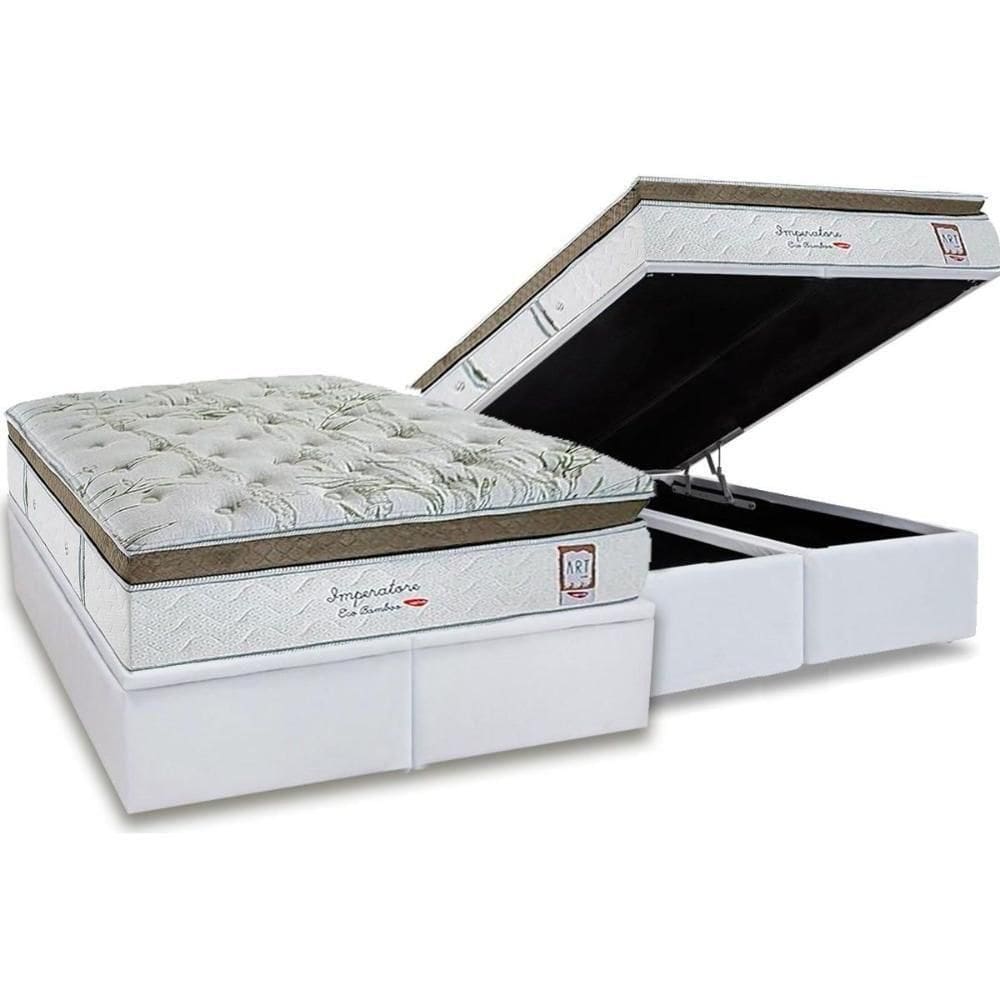 Cama Box Baú Queen: Colchão Molas Ensacadas Herval Imperatore Eco Bamboo + Base Crc Linhão White (158x198)