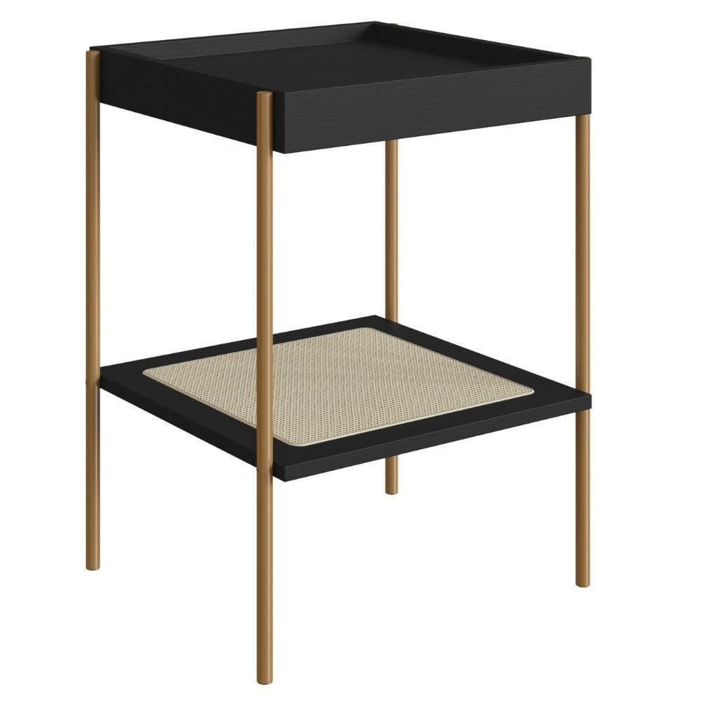 Mesa Lateral De Apoio Oslo Artesano 43 Cm (largura) Mdp Nero Palha Sintética Bege Pé Metal Dourado