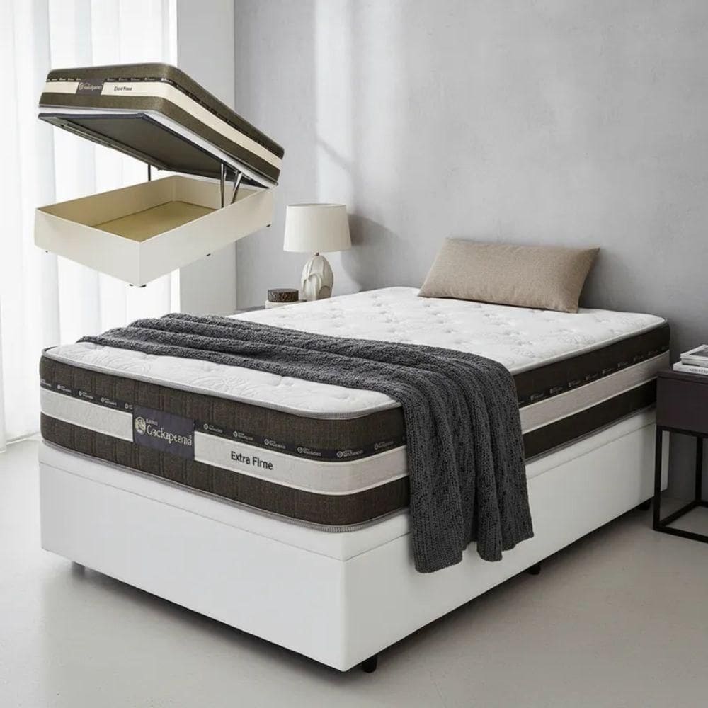Cama Box Baú Casal Sintético + Colchão Esplendor Molas Ensacadas Luckspuma 138x188x75 Cor:branco