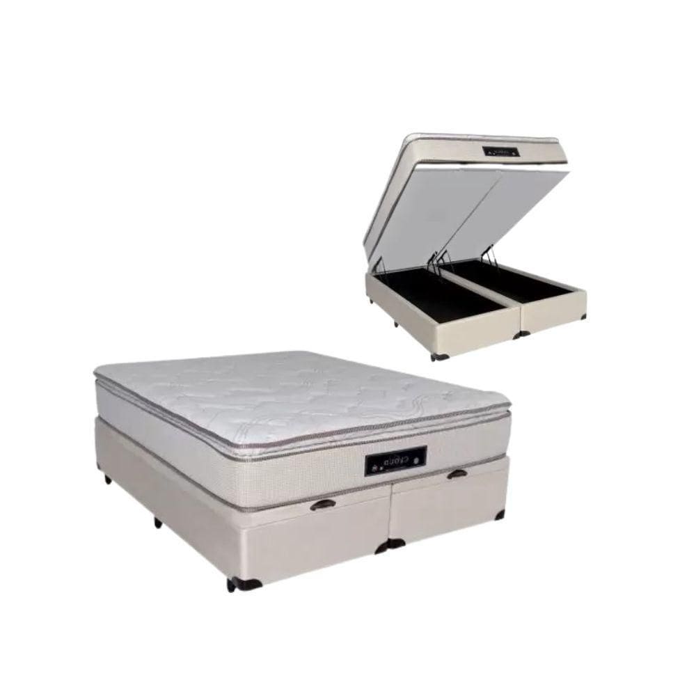Cama Box Baú Queen Sintético + Colchão Cloud Pillow Top Molas Ensacadas Luckspuma 158x198x74 Cor:bege