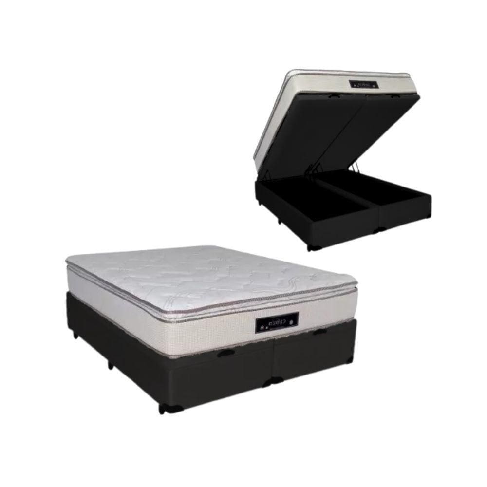 Cama Box Baú Queen Sintético + Colchão Cloud Pillow Top Molas Ensacadas Luckspuma 158x198x74 Cor:preto
