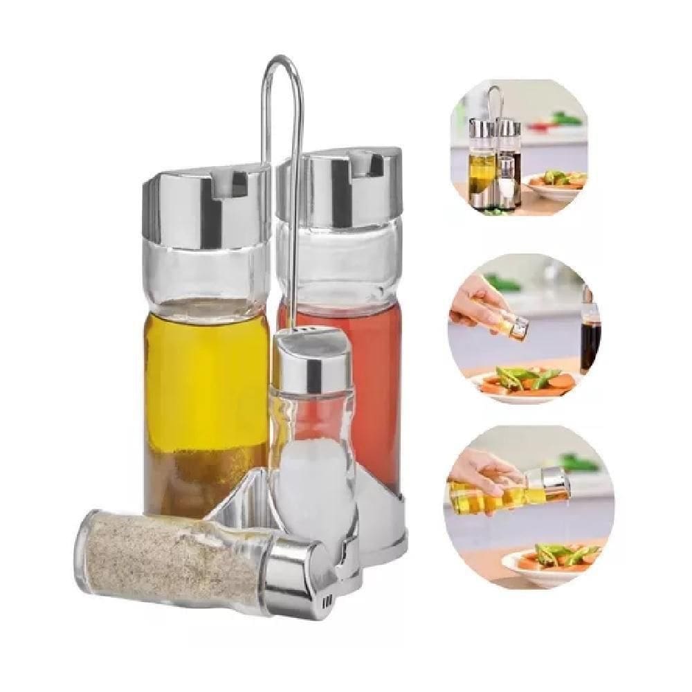 Galheteiro Vidro De Mesa 5 Pecas Suporte Kit Azeite Vinagre Sal Tempero Cozinha Bar Restaurante Portatil Cromado