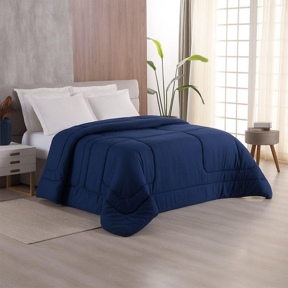 Edredom Bali Liso Casal 01 Peça Micropercal Dupla Face 400 Fios Macio - Azul Marinho - 100% Poliéster