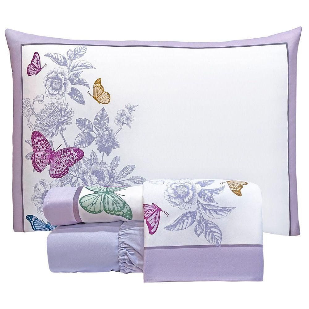 Jogo De Cama Lençol Casal Bouquet Percal 300 Fios 4 Peças - Lilás - 100% Poliéster
