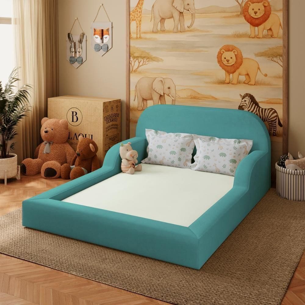 Cama Colchão Casal Montessoriana Infantil Proteção Lateral Azul