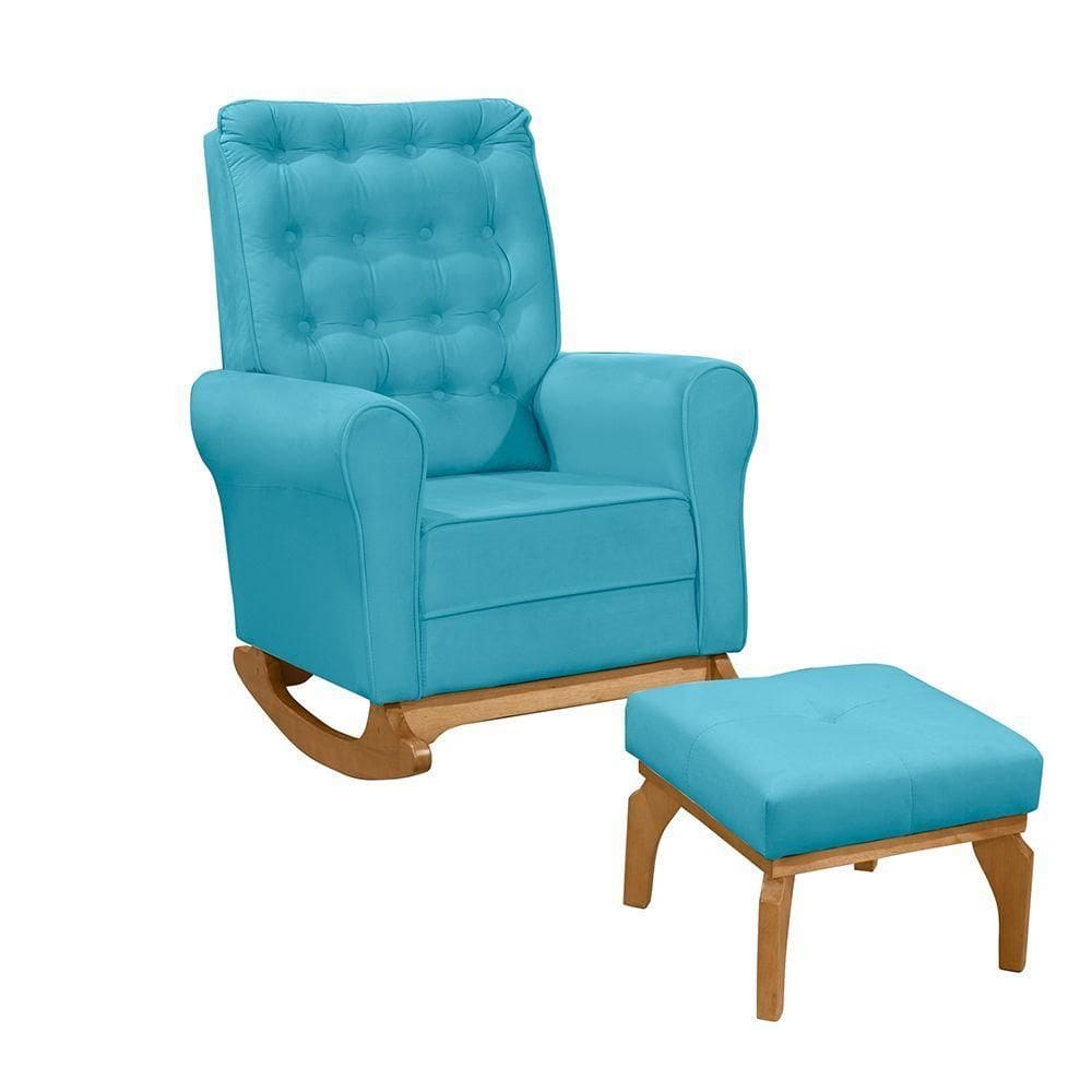 Poltrona De Amamentação E Balanço Páris C/ Puff Veludo Azul Turquesa