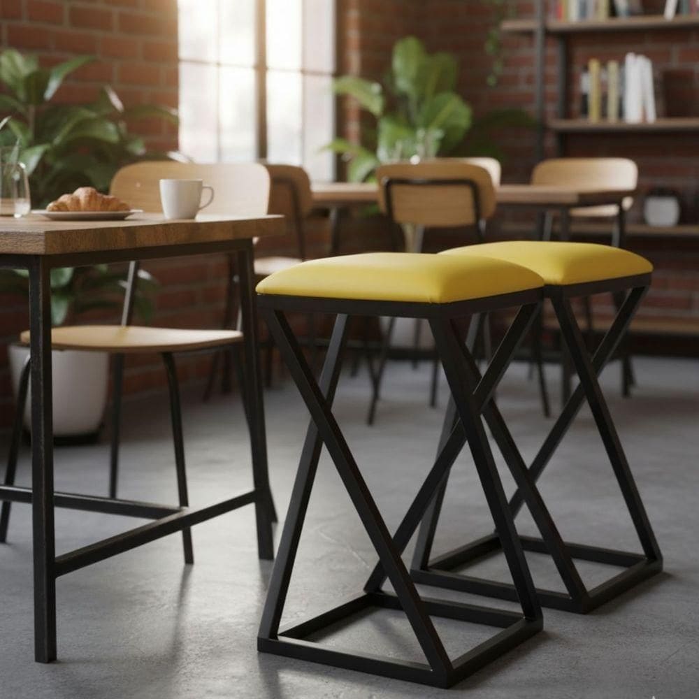 Conjunto 2 Banquetas Baixa Sem Encosto Bar Restaurante Exclusiva Z Amarelo