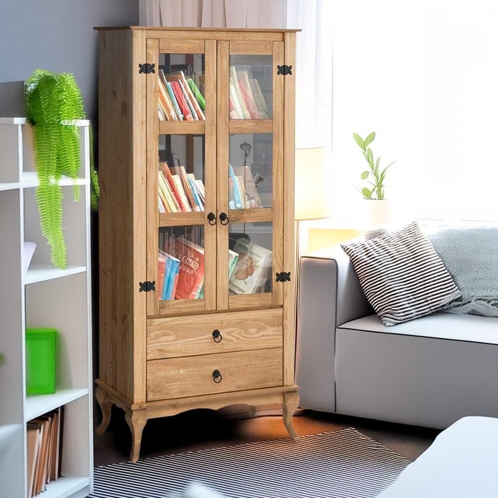 Cristaleira Rústica Madeira Maciça 2 Gavetas Portas De Vidro