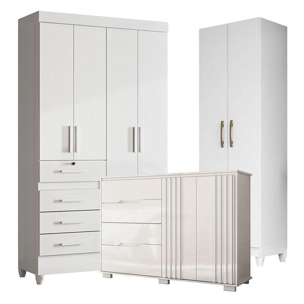 Guarda Roupa Infantil Sobral Com Cômoda Texas E Armário Multiuso New íris Branco Brilho - Moval
