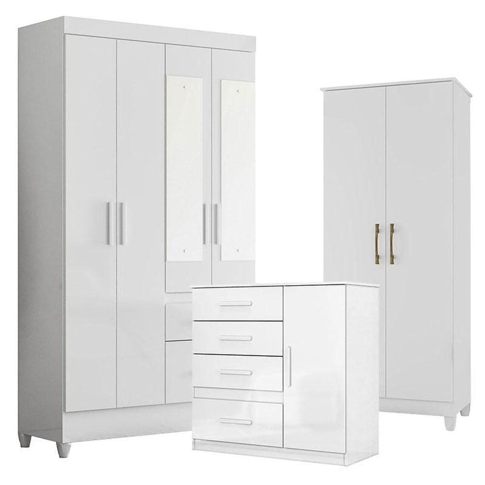 Guarda Roupa Com Espelho Infantil Madri Com Cômoda Vênus E Armário Multiuso Jade Branco Brilho - Moval