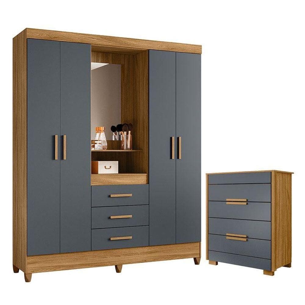 Guarda Roupa Casal Capelinha Capri E Cômoda Dhara Freijó Cinza - Moval