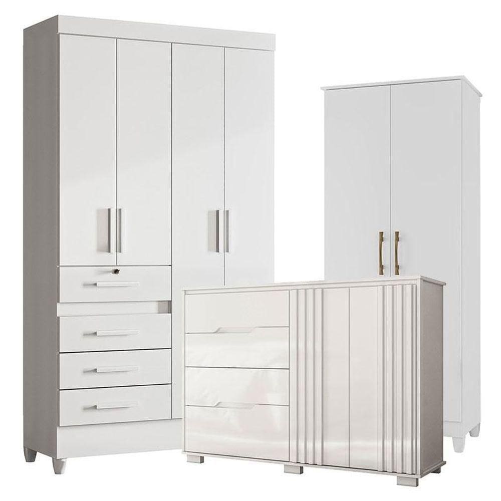 Guarda Roupa Infantil Sobral Com Cômoda Texas E Armário Multiuso Jade Branco Brilho - Moval