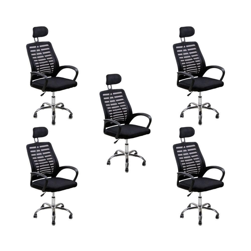 Kit 5 Cadeiras Escritório Diretor Tela Mesh Com Encosto De Cabeça Preto