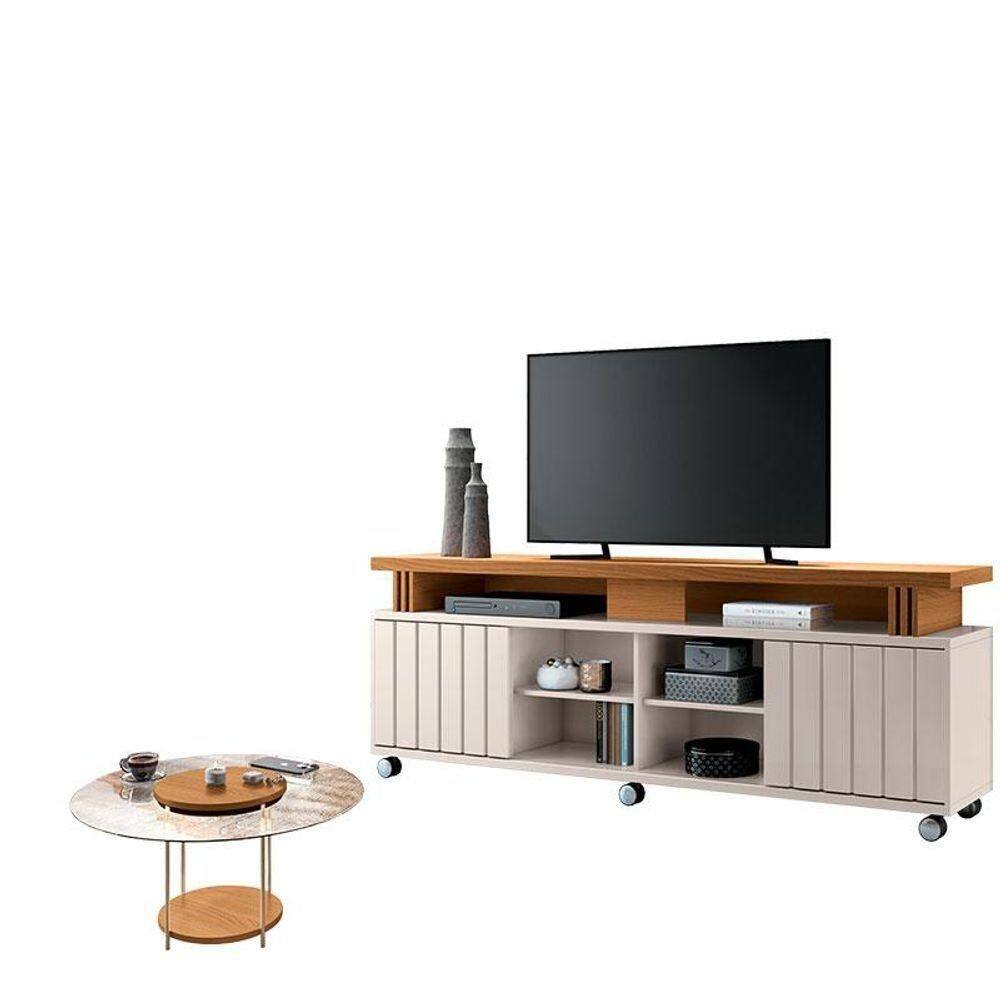 Rack Bancada Rivera 1.8 Com Mesa De Centro Sky Com Tampo De Vidro Cinamomo Off White - Hb Móveis