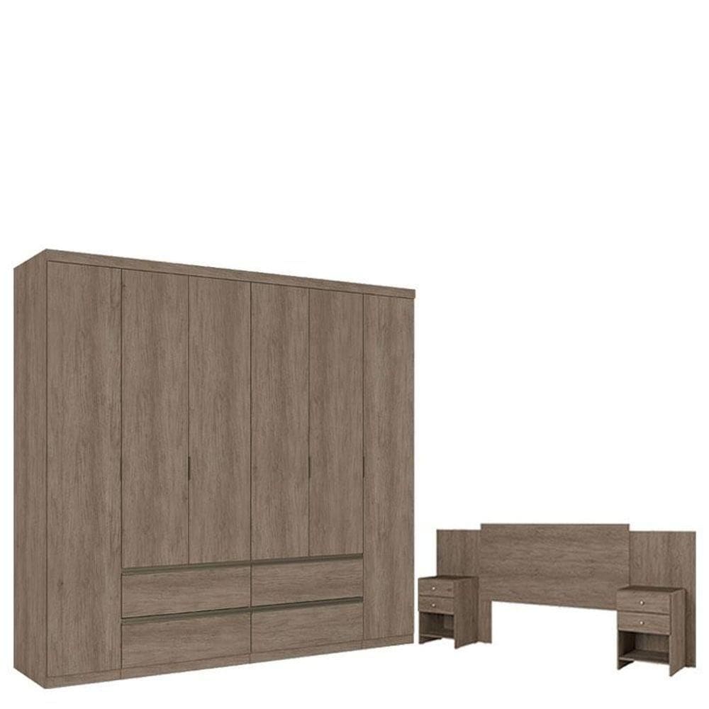 Guarda Roupa Casal Nobre 6 Portas Rustic Acetinado ECabeceira Com Mesas De Cabeceira Formosa Rustic- Thb