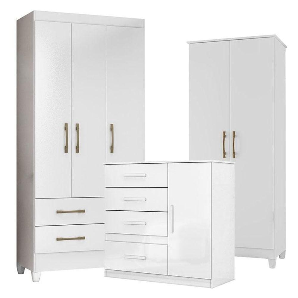 Guarda Roupa Infantil Lima Com Cômoda Vênus E Armário Multiuso Jade Branco Brilho - Moval