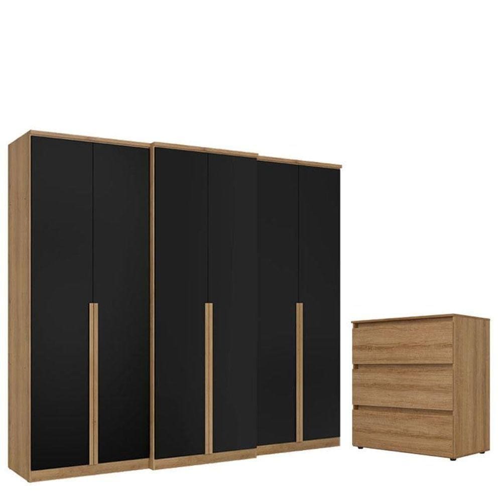 Guarda Roupa Casal Valência 6 Portas Capuccino Preto E Cômoda Gaveteiro Condessa Acetinado - Thb