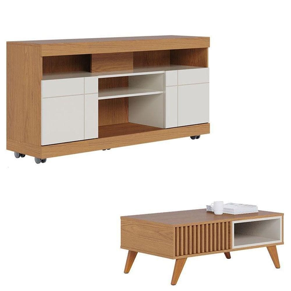 Rack Bancada Yara Com Mesa De Centro Jeri Freijó Off White - Colibri