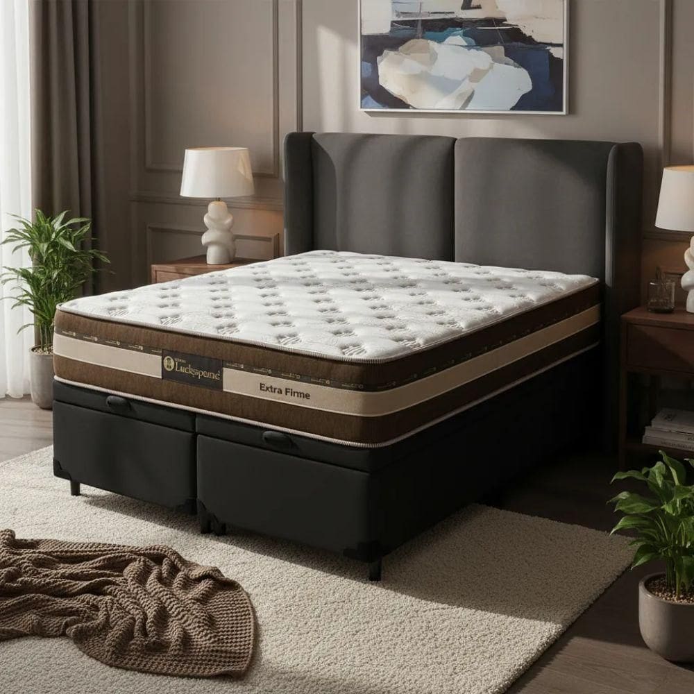 Cama Box Baú Queen Suede + Colchão Esplendor Molas Ensacadas Luckspuma 158x198x75 Cor:preto