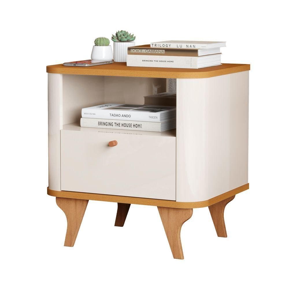 Mesa De Cabeceira Aruma Slim Com Cantos Arredondados Off White Com Nature